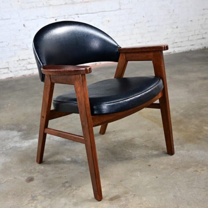 mid 20th century mid century modern madison furniture single oak armchair with oak frame and black vinyl 5259