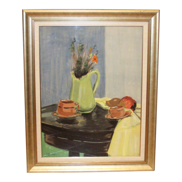 mid 20th century midcentury aquarelle painting coffee and flowers signed framed 5024