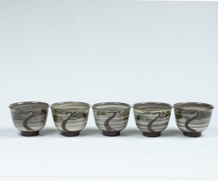 mid 20th century nisai karatsu sencha cup set with pine tree decoration set of 5 2704