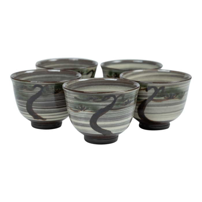 mid 20th century nisai karatsu sencha cup set with pine tree decoration set of 5 6617