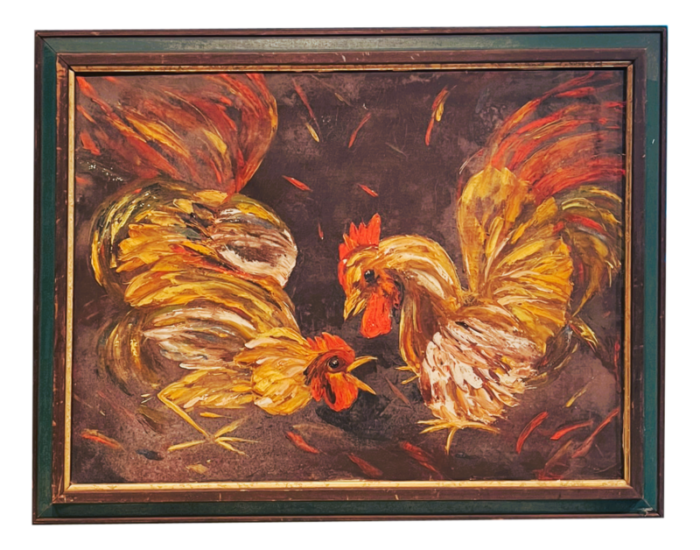 mid 20th century original vintage impressionist country farmhouse two roosters oil painting on canvas and frame 1576