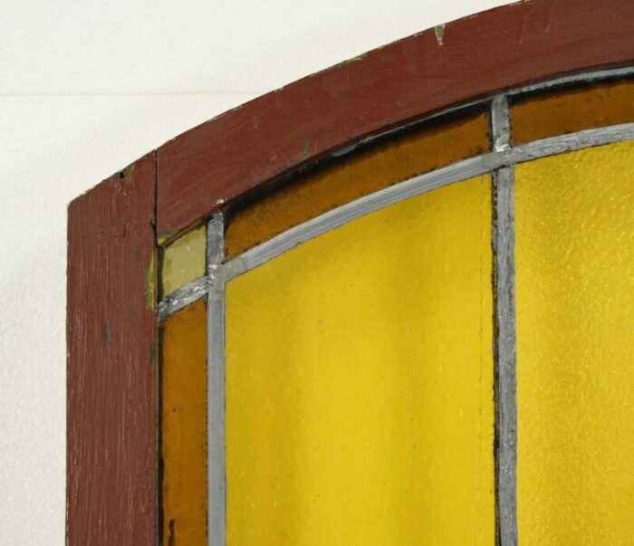 mid 20th century reclaimed arched amber leaded stained glass window 1922