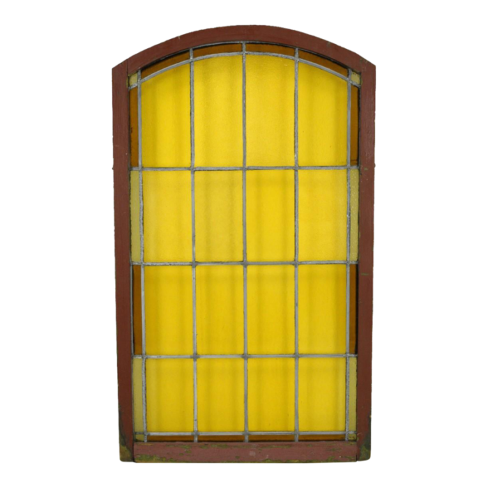 mid 20th century reclaimed arched amber leaded stained glass window 5559