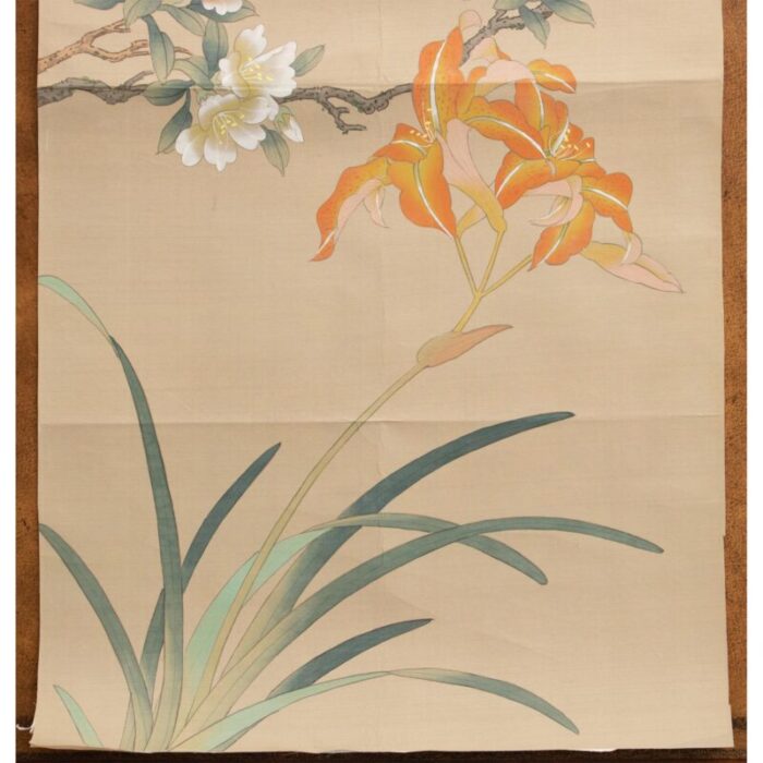 mid 20th century showa era japanese watercolor painting on silk rosefinch camellias and lilies 2594