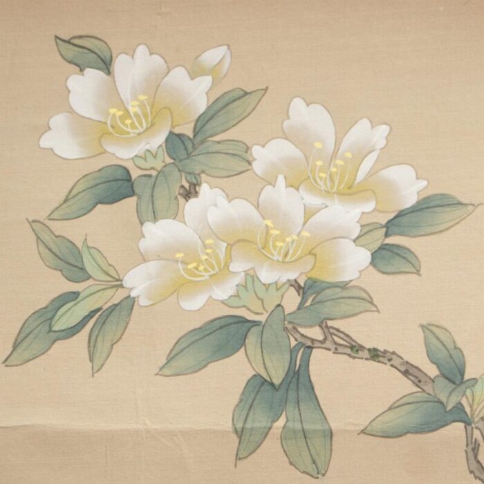 mid 20th century showa era japanese watercolor painting on silk rosefinch camellias and lilies 4283