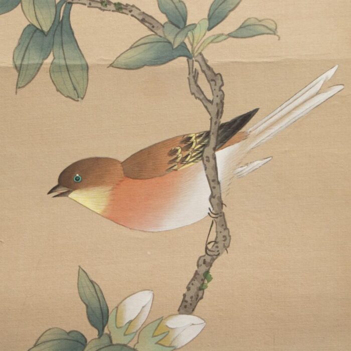 mid 20th century showa era japanese watercolor painting on silk rosefinch camellias and lilies 6040