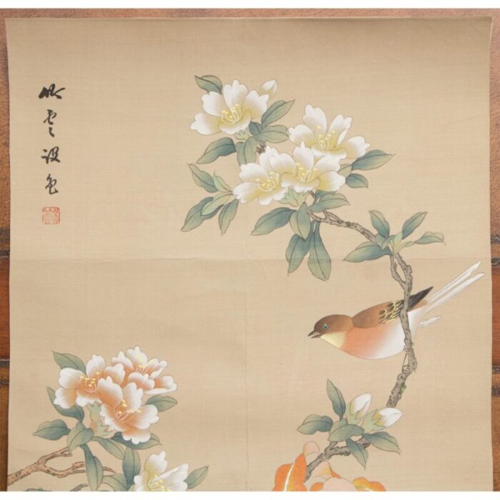 mid 20th century showa era japanese watercolor painting on silk rosefinch camellias and lilies 6184