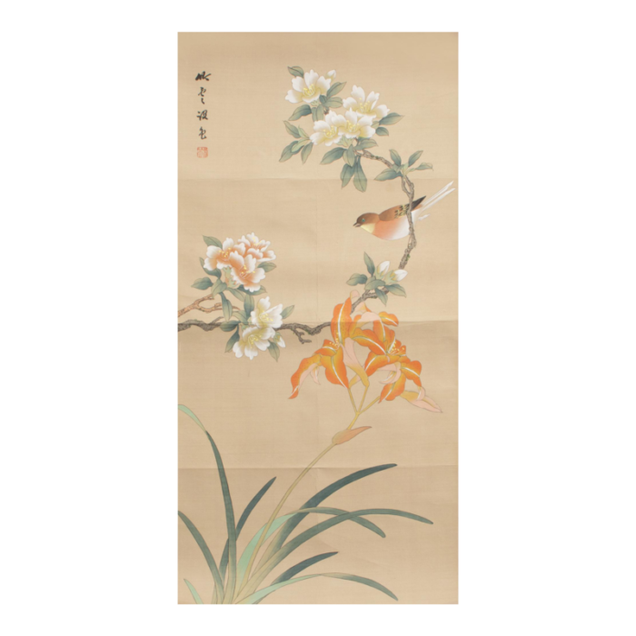 mid 20th century showa era japanese watercolor painting on silk rosefinch camellias and lilies 6608