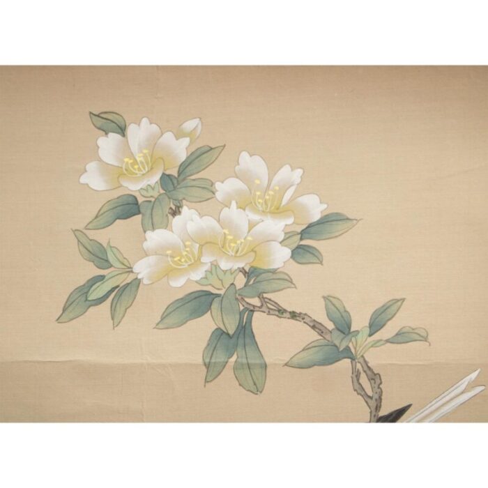 mid 20th century showa era japanese watercolor painting on silk rosefinch camellias and lilies 7215