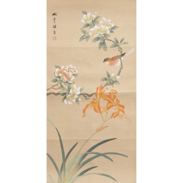 mid 20th century showa era japanese watercolor painting on silk rosefinch camellias and lilies 8613