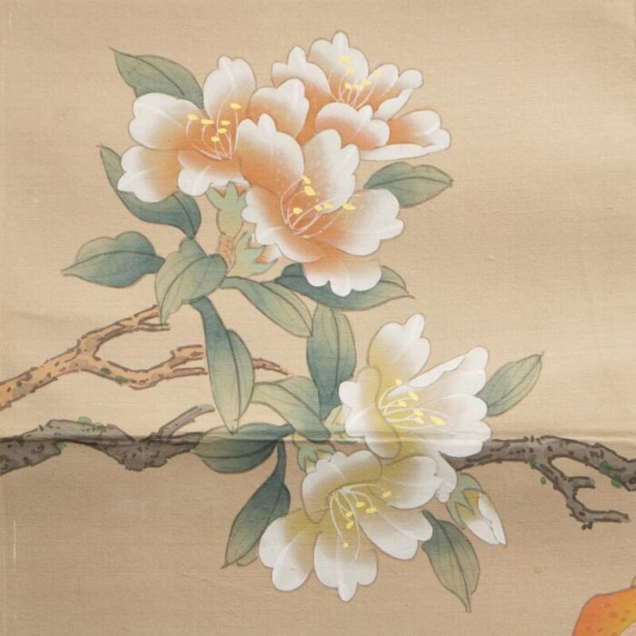 mid 20th century showa era japanese watercolor painting on silk rosefinch camellias and lilies 9095