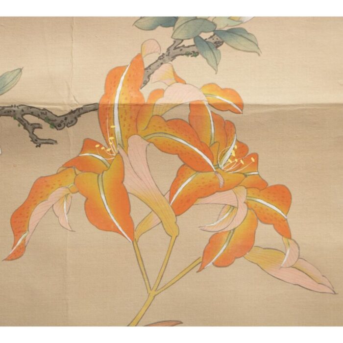 mid 20th century showa era japanese watercolor painting on silk rosefinch camellias and lilies 9194