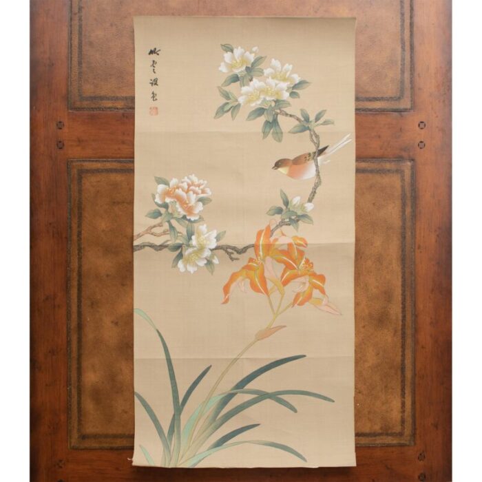 mid 20th century showa era japanese watercolor painting on silk rosefinch camellias and lilies 9285