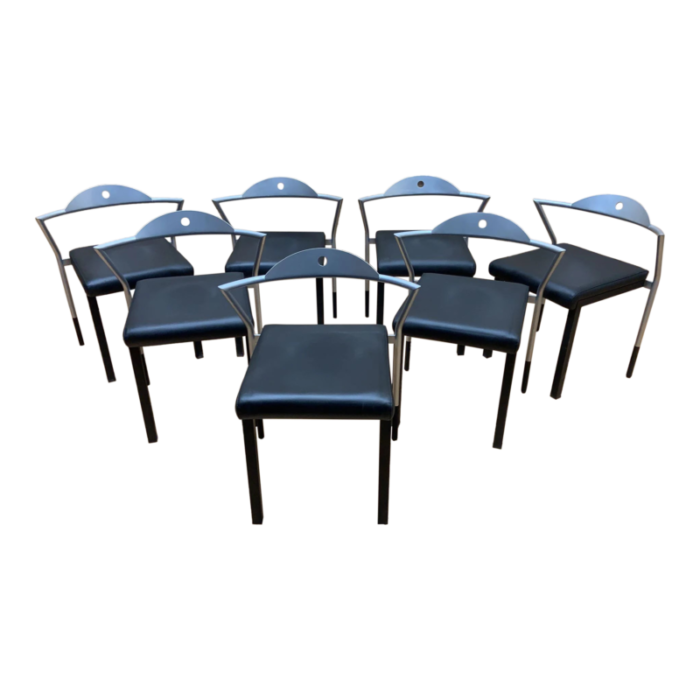 mid 20th century vintage space age italian black leather side chairs set of 7 6911