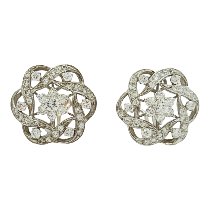 mid 20th century white diamond cluster clip on earrings in 14k white gold 2 pieces 2544