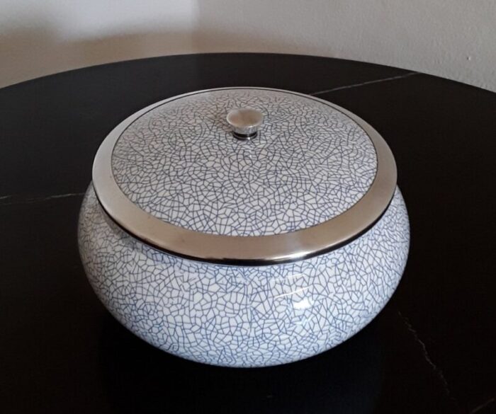 mid century beige blue patterned ceramic lidded box with silver plated metal details by waechtersbach for wmf 1950s 1