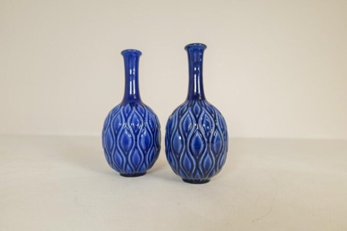 mid century blue and red peacock vases by sven erik skawonius for upsala ekeby 1950s set of 3 10