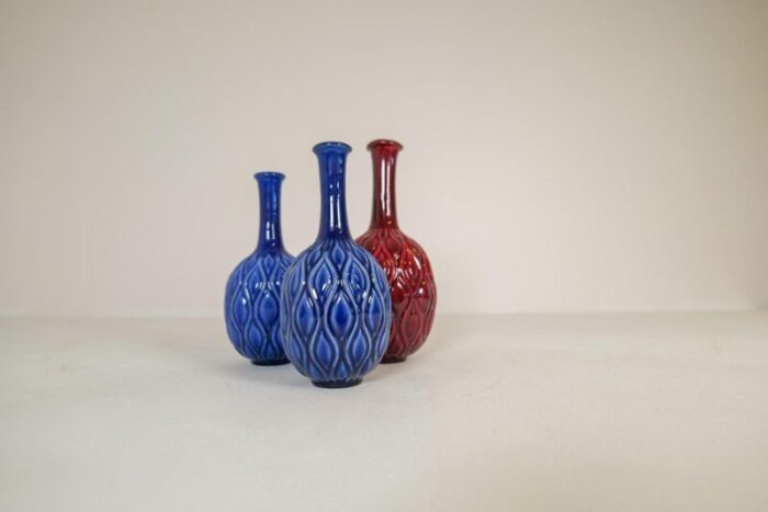 mid century blue and red peacock vases by sven erik skawonius for upsala ekeby 1950s set of 3 3