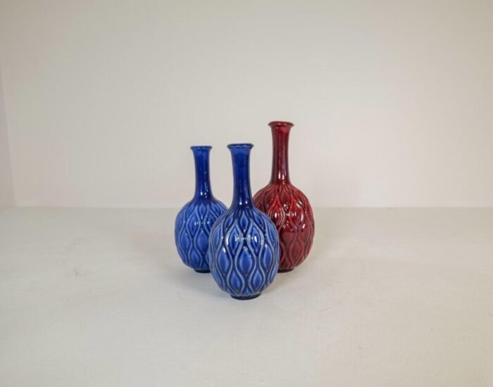 mid century blue and red peacock vases by sven erik skawonius for upsala ekeby 1950s set of 3 4