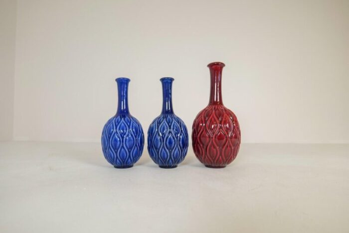 mid century blue and red peacock vases by sven erik skawonius for upsala ekeby 1950s set of 3 7