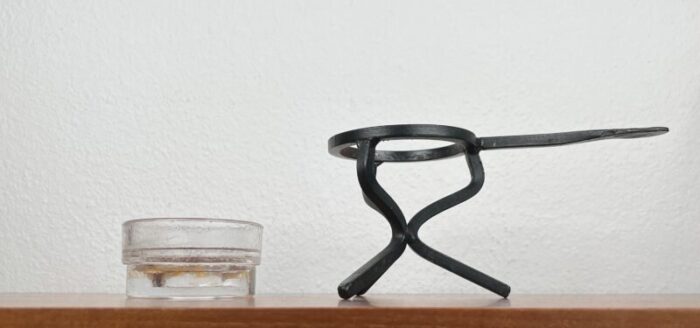 mid century brutalist danish candleholder in wrought iron and glass 1960s 0366