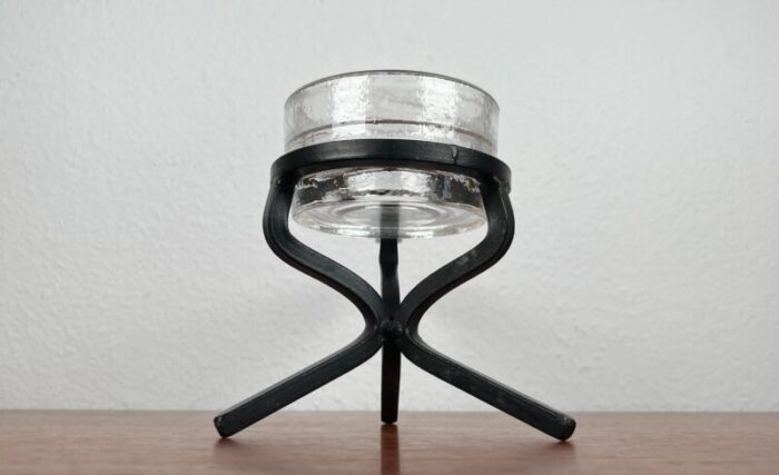 mid century brutalist danish candleholder in wrought iron and glass 1960s 4258