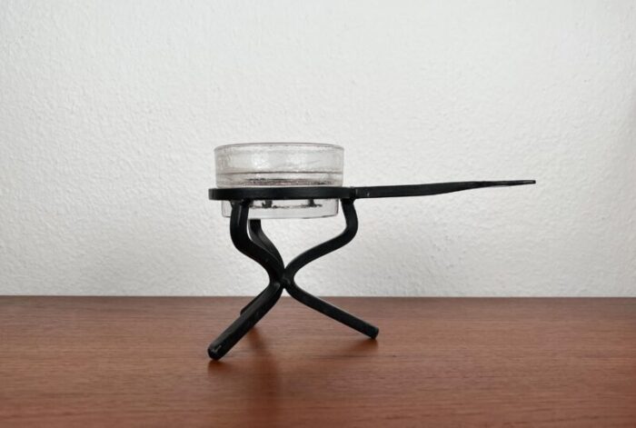 mid century brutalist danish candleholder in wrought iron and glass 1960s 5641