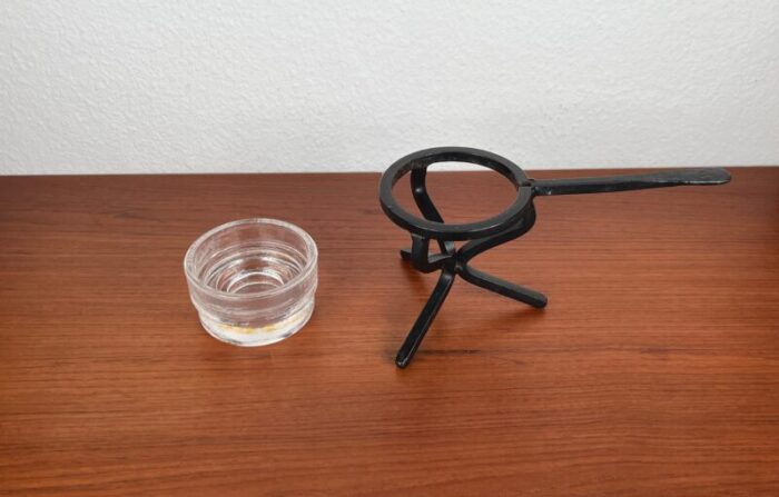 mid century brutalist danish candleholder in wrought iron and glass 1960s 7409