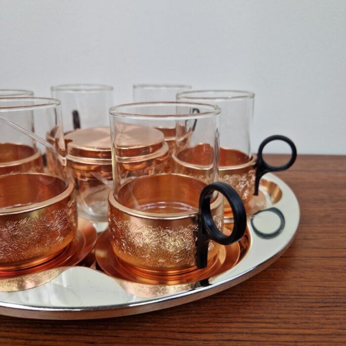 mid century glass and copper tea set germany 1960s set of 8 0928