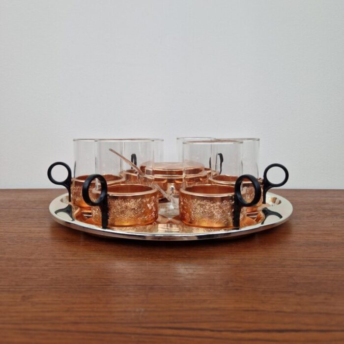 mid century glass and copper tea set germany 1960s set of 8 2303