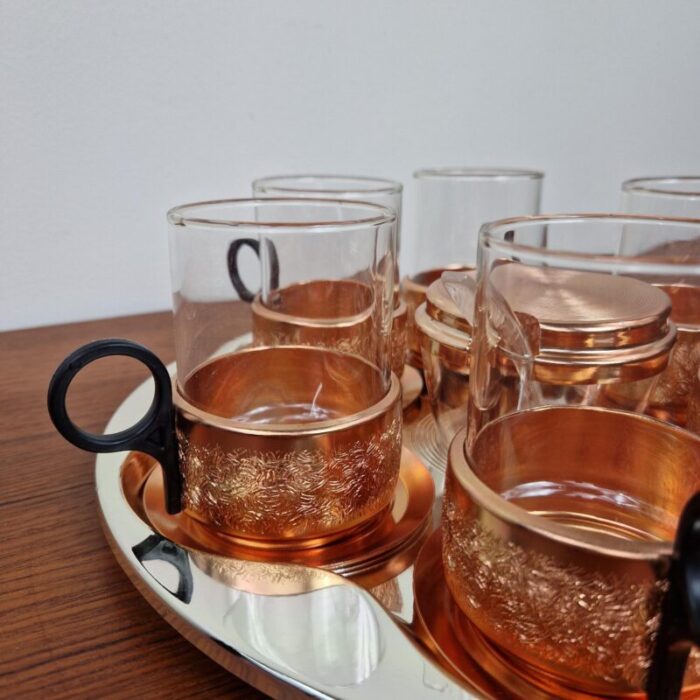 mid century glass and copper tea set germany 1960s set of 8 2571