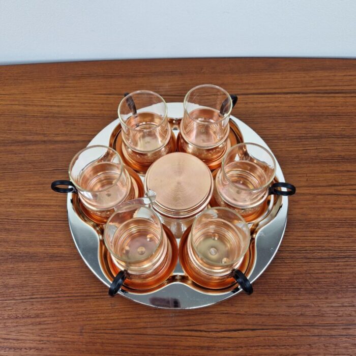 mid century glass and copper tea set germany 1960s set of 8 3278