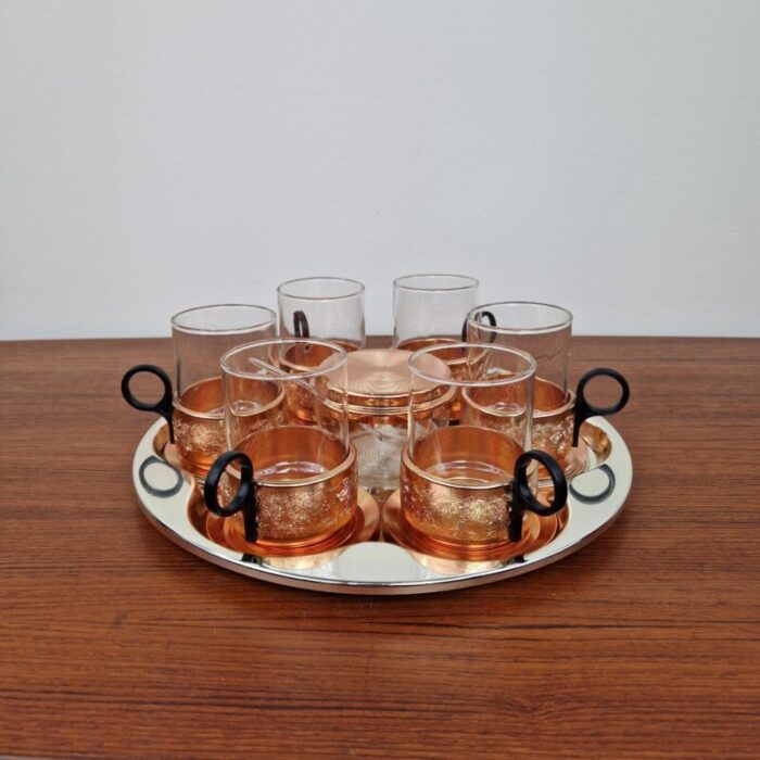 mid century glass and copper tea set germany 1960s set of 8 3779