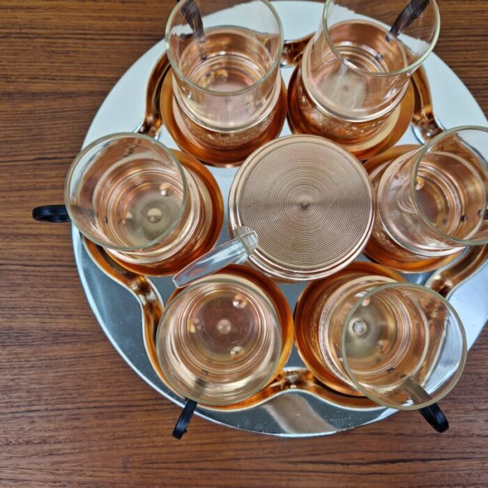 mid century glass and copper tea set germany 1960s set of 8 3925