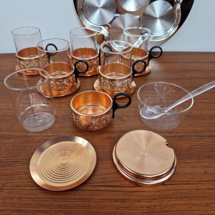 mid century glass and copper tea set germany 1960s set of 8 8156