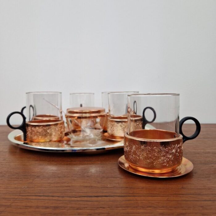 mid century glass and copper tea set germany 1960s set of 8 9131