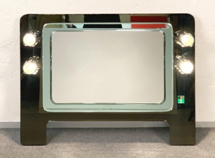 mid century italian glass chrome illuminated wall mirror from isa 1970s 4