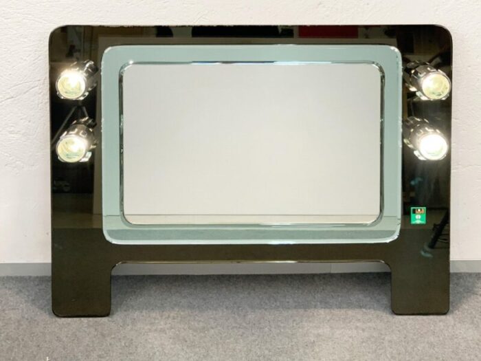 mid century italian glass chrome illuminated wall mirror from isa 1970s 9