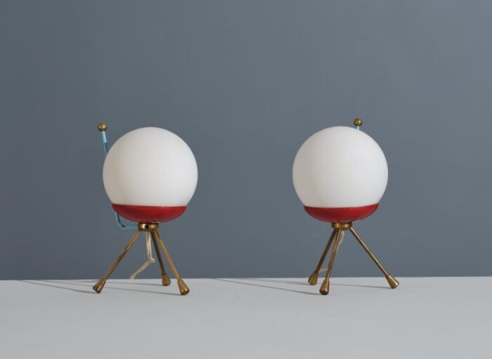 mid century italian modern tripod table lamps with spherical shades 1950s set of 2 0394