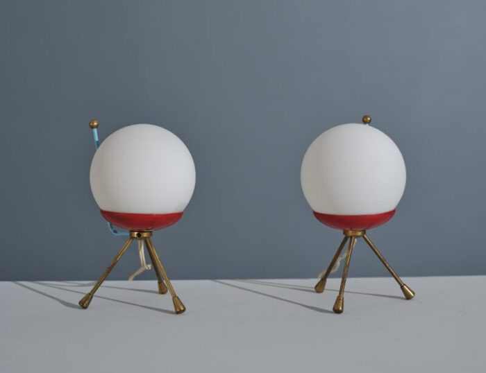 mid century italian modern tripod table lamps with spherical shades 1950s set of 2 5362