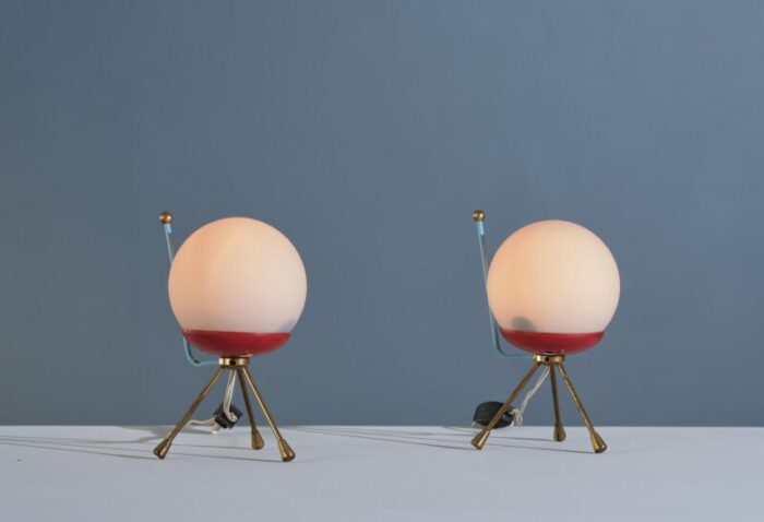 mid century italian modern tripod table lamps with spherical shades 1950s set of 2 5411