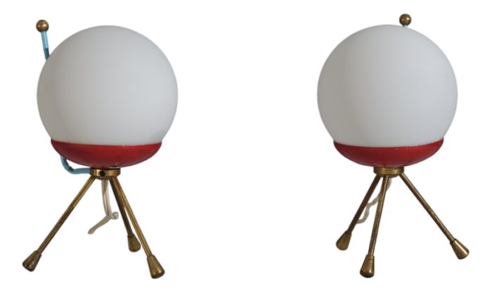 mid century italian modern tripod table lamps with spherical shades 1950s set of 2 8267