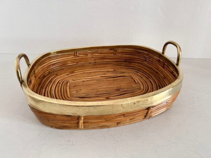 mid century italian organic serving tray in natural rattan and brass 1970s 1