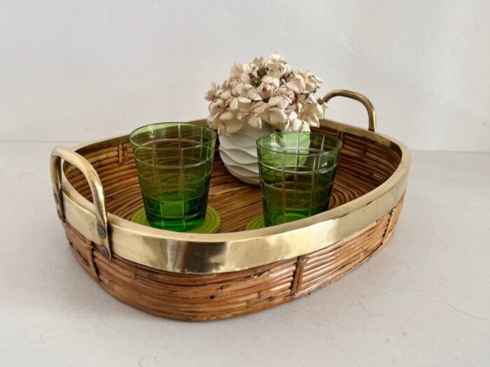 mid century italian organic serving tray in natural rattan and brass 1970s 10