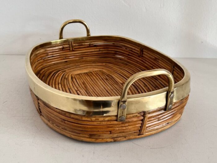 mid century italian organic serving tray in natural rattan and brass 1970s 11