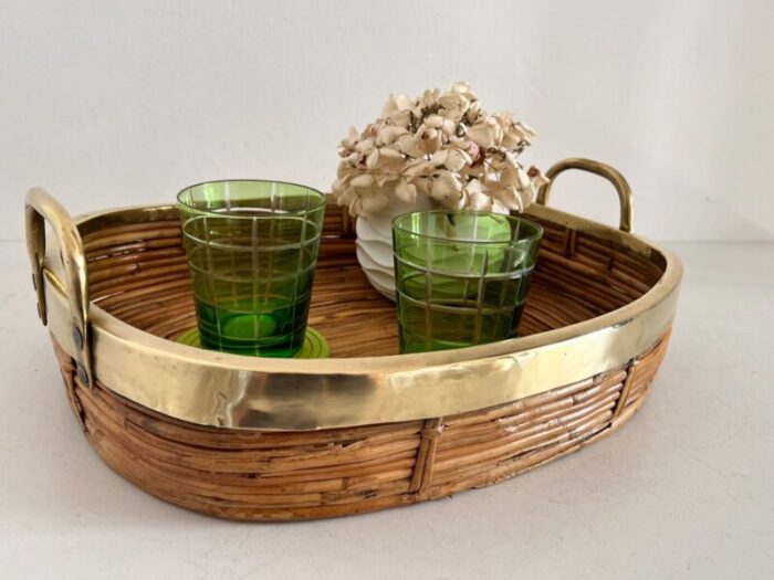 mid century italian organic serving tray in natural rattan and brass 1970s 12