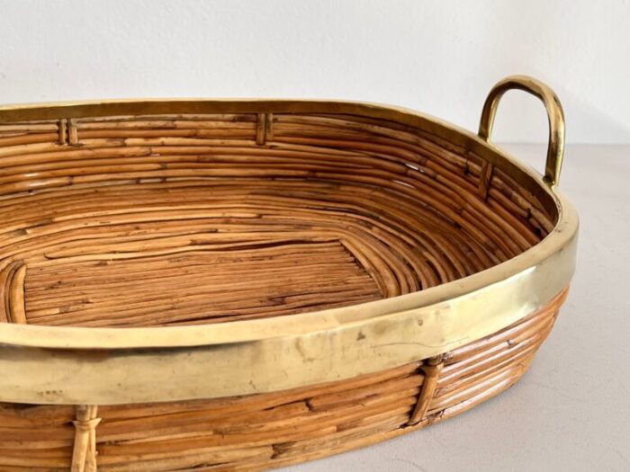 mid century italian organic serving tray in natural rattan and brass 1970s 13