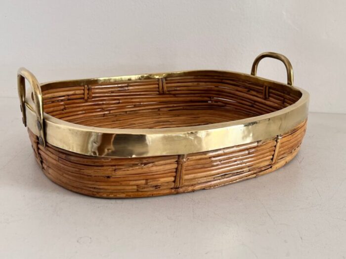 mid century italian organic serving tray in natural rattan and brass 1970s 14