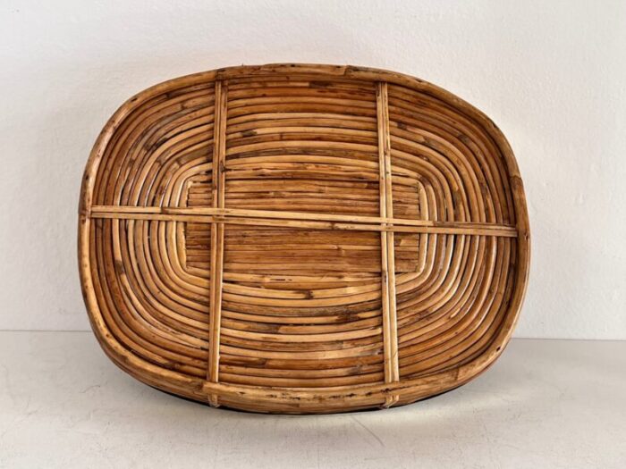 mid century italian organic serving tray in natural rattan and brass 1970s 2