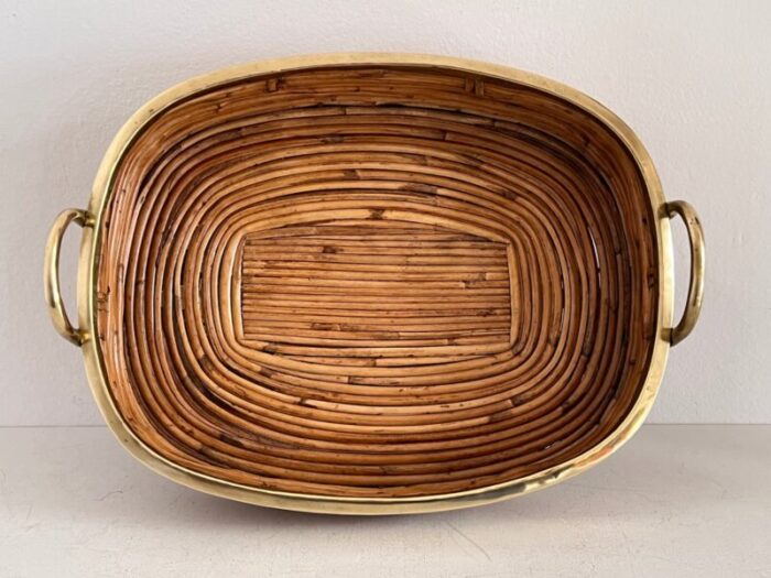 mid century italian organic serving tray in natural rattan and brass 1970s 4